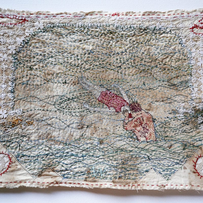 “Save Me”,Hand stitched with cotton thread on used, stained domestic linen, copyright Willemien De Villiers