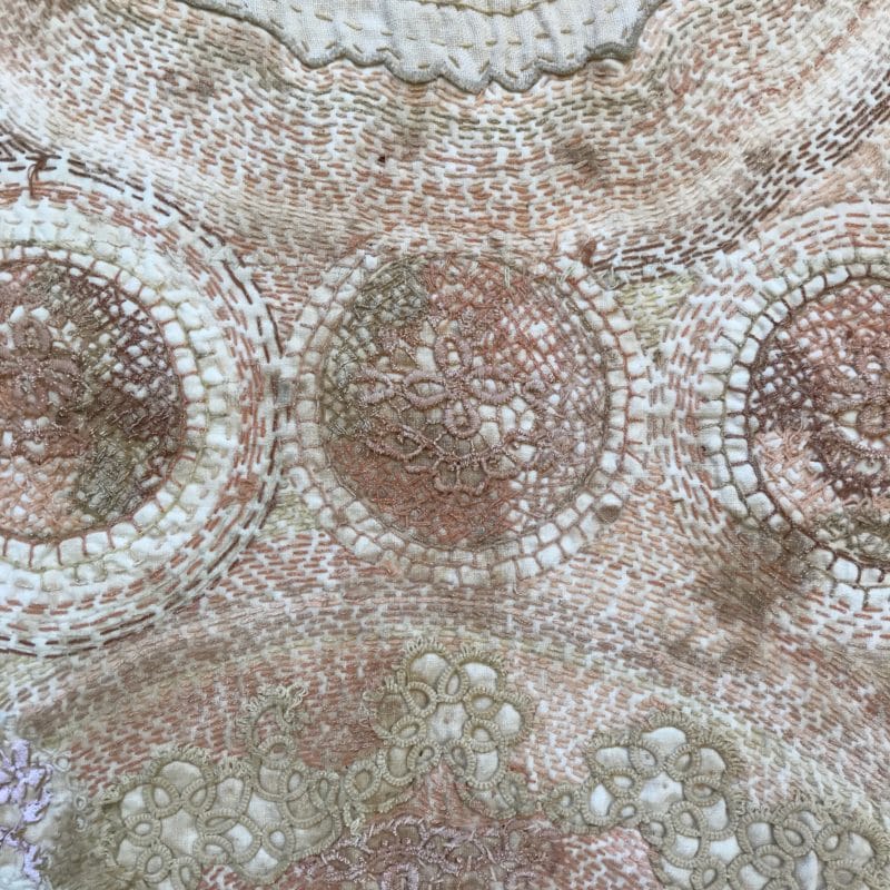 “Bride Series 2 – detail”, hand stitched with cotton embroidery thread on found domestic linen, copyright Willemien De Villiers