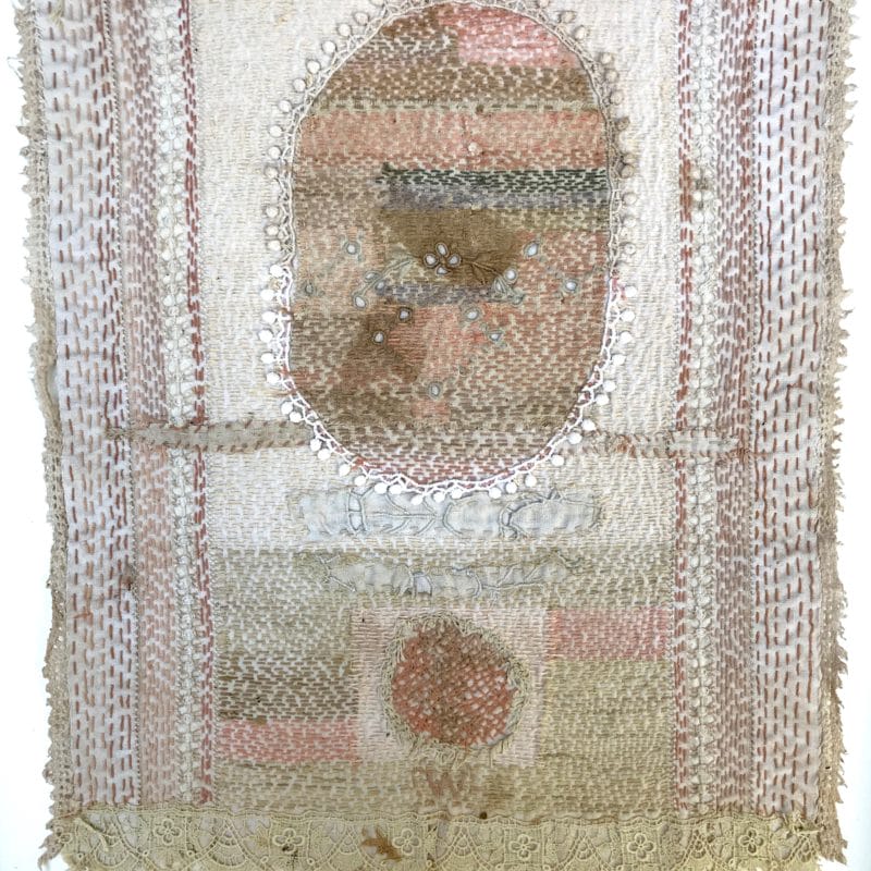 “Bride Series 3”, hand stitched with cotton embroidery thread on found domestic linen, copyright Willemien De Villiers