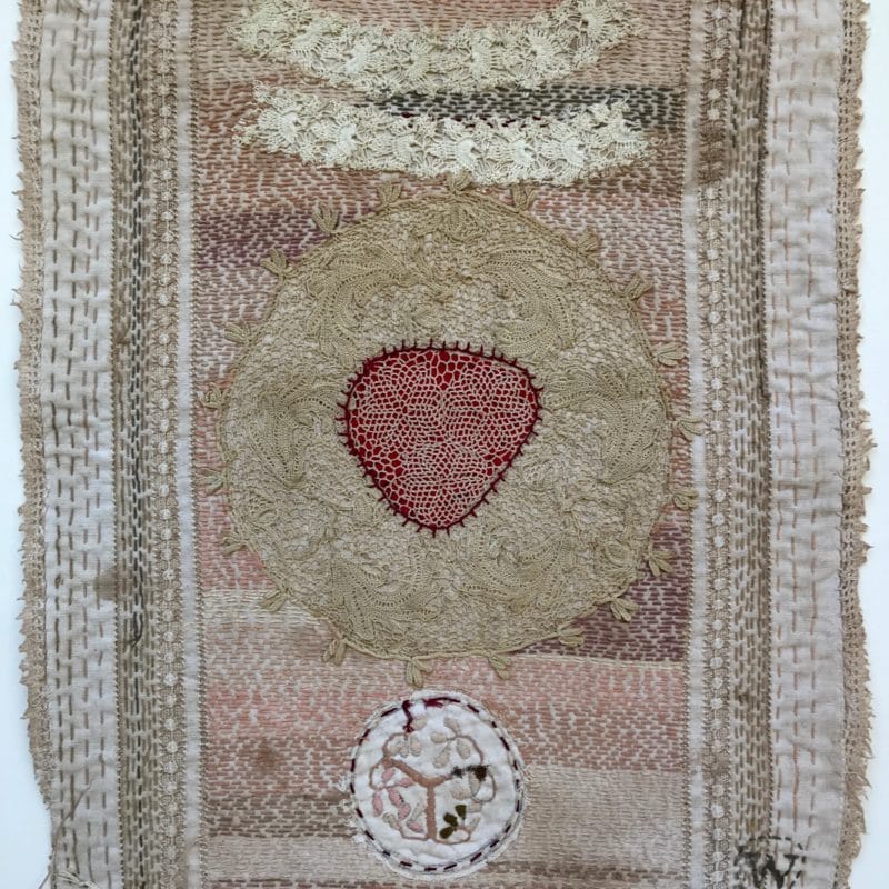 “Bride Series 4”, hand stitched with cotton embroidery thread on found domestic linen,  copyright Willemien De Villiers