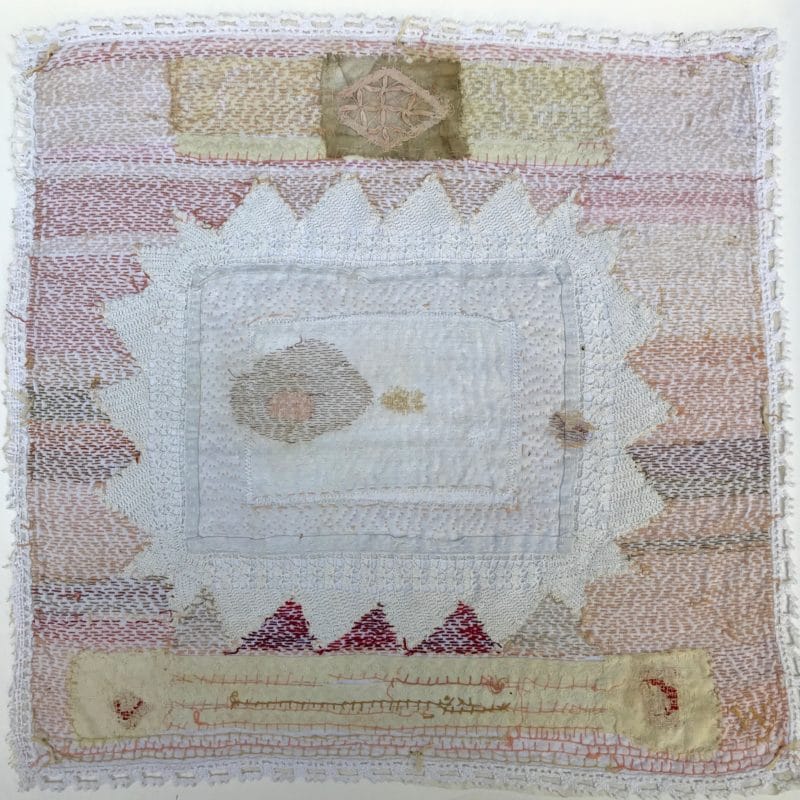 “Bride Series 5”, hand stitched with cotton embroidery thread on found domestic linen,  copyright Willemien De Villiers