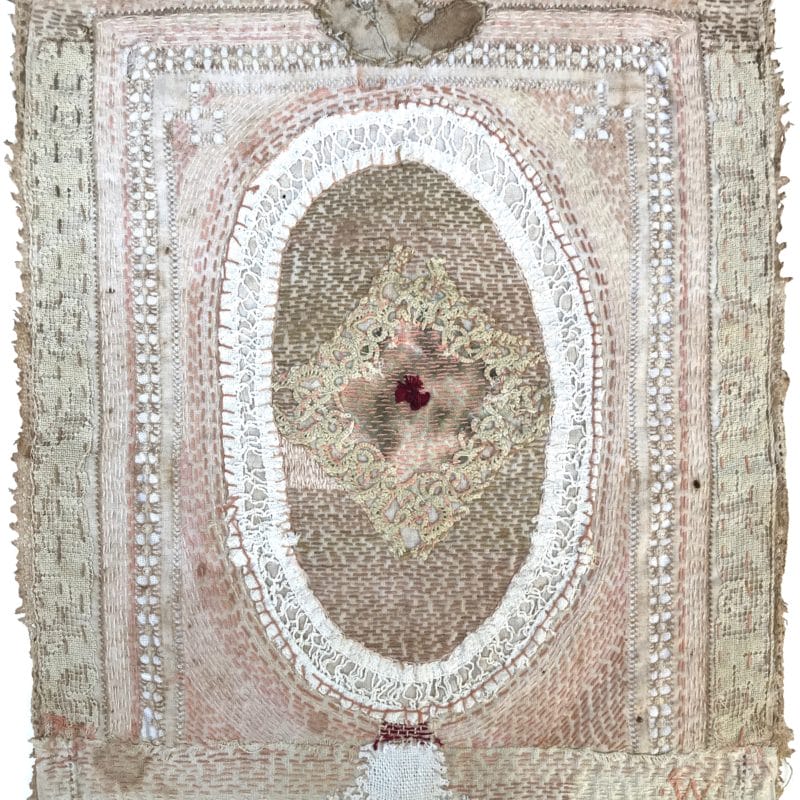 “Bride Series 6”, hand stitched with cotton embroidery thread on found domestic linen, copyright Willemien De Villiers