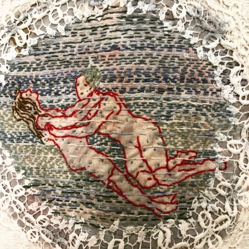 “Save Me - detail”,Hand stitched with cotton thread on used, stained domestic linen, copyright Willemien De Villiers