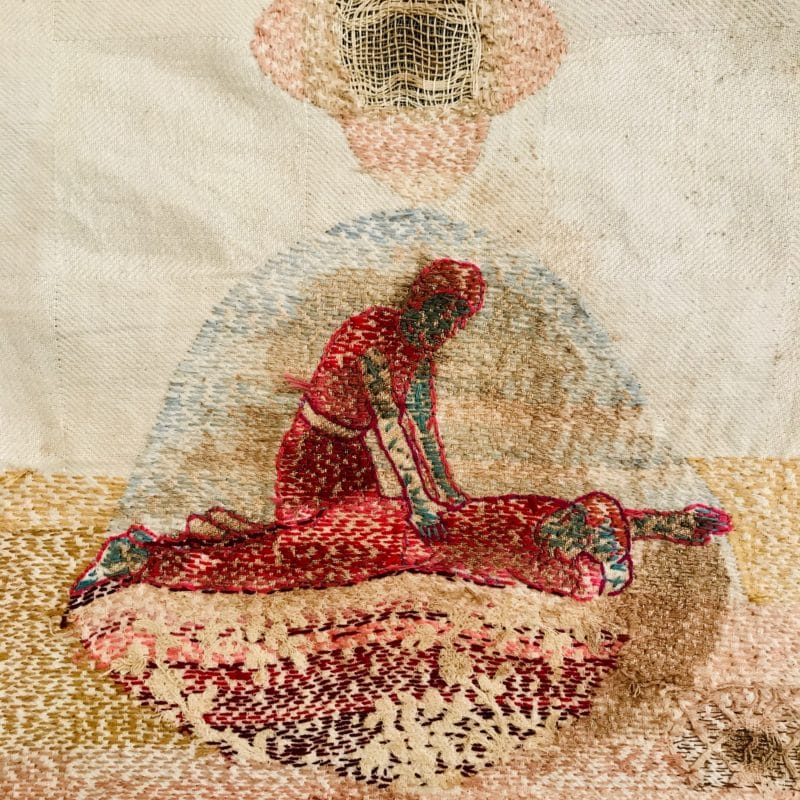 “Save Me – detail process”,Hand stitched with cotton thread on used, stained domestic linen, copyright Willemien De Villiers