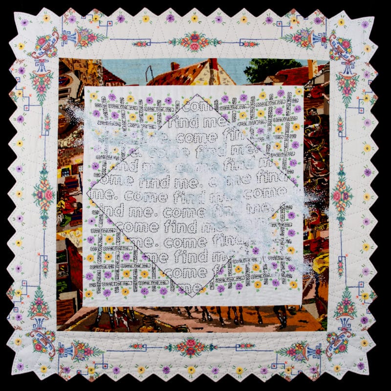 “Snowblind," 47"W x 47"W, vintage domestic/household linens, abandoned needlepoint, embroidery, 2017. Private collection, copyright Amy Meissner