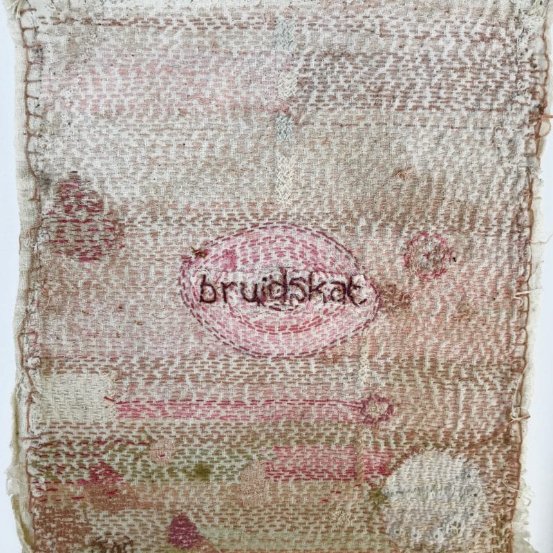 ” Bride Series 1”, hand stitched with cotton embroidery thread on found domestic linen, copyright Willemien De Villiers