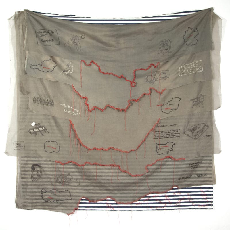 ”By Land”, 2017,hand embroidery on cotton organdy. 60" w x 58" h, copyright Kathryn Clark