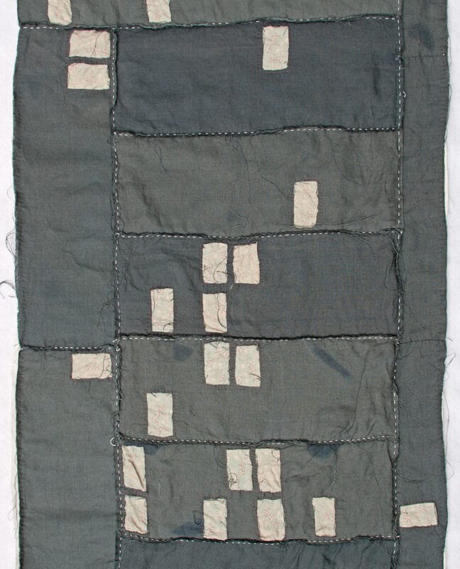 ”Cape Coral Foreclosure Quilt”, 2011, 30" x 44" Recycled bleached linen, recycled string and embroidery on voile, copyright Kathryn Clark