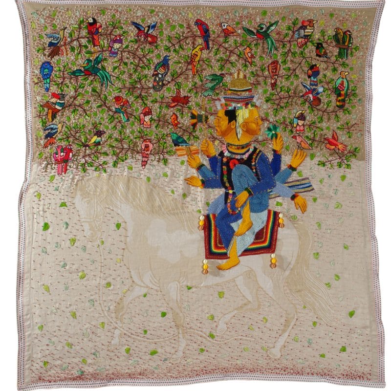 “Jinetes”, Hand embroidery with cotton thread, silk and rayon on Hermes linen towel 1.45 x 1.54 m, copyright Chiachio&Giannone