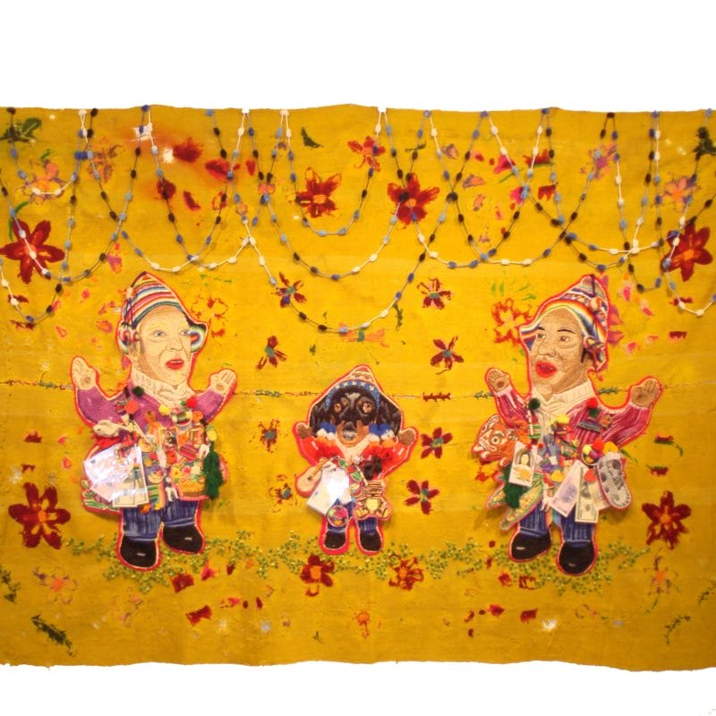“Familia De La Buena Suerte”, Hand embroidery with cotton thread, wool, pompons, ribbons and p. laminated embroidery on mat from loom belonging to Arq. J Lorenzo 1.3 x 2 m, copyright Chiachio&Giannone