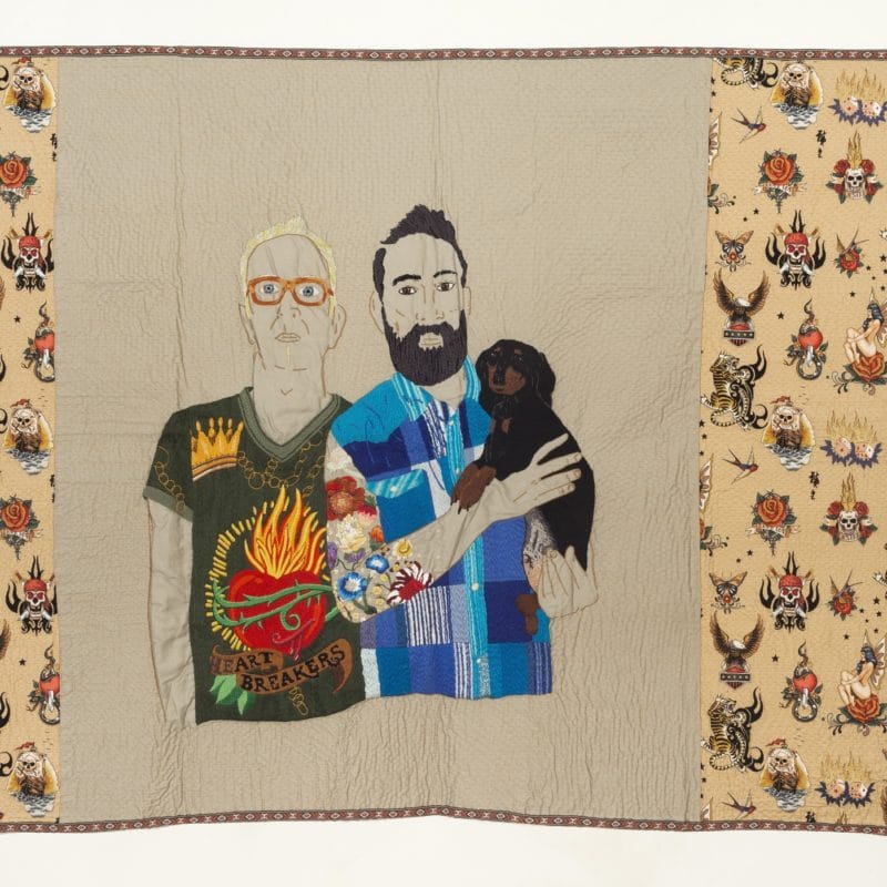 “HeART BREAKERS”, Hand embroidery with cotton threads on gabardine and Alexander Henry© – 1,33 x 1,73 m, copyright Chiachio&Giannone