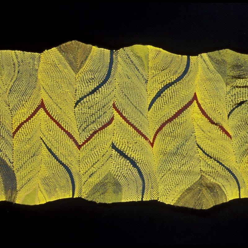 “Yellow Migration”, 2006, 56”x 28”, plastic bags, rayon, raffia, Corporate collection, copyright Deborah Corsini