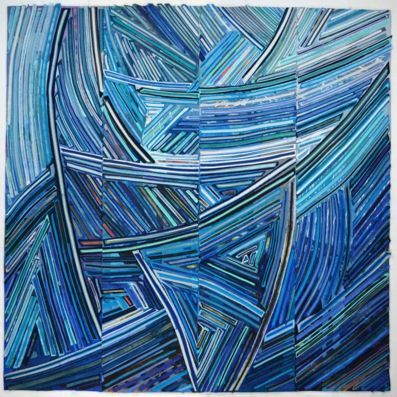 “Tricolour Blue”, 72x72", Mastery: Sustaining Momentum Exhibit Dairy Barn Art Center, photo credit Paul Vincent, copyright Kit Vincent