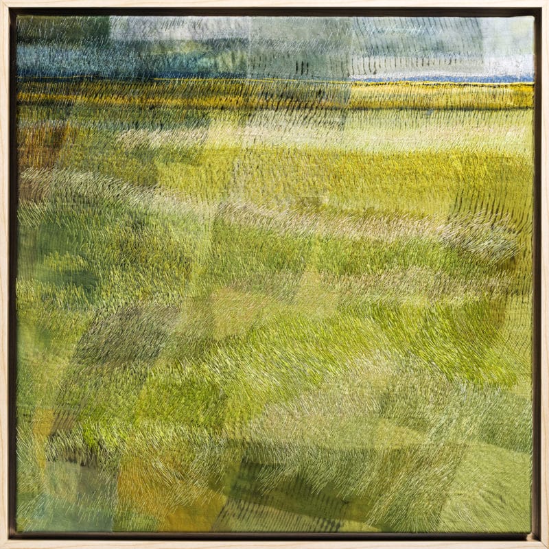 “How the Light Gets In”, 2019, 24”x24”, hand stitched, hand dyed overlay silk collage, copyright Carolyn Nelson