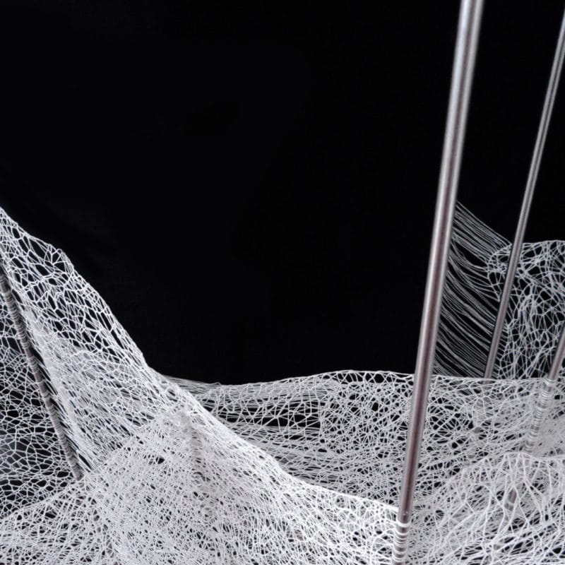 “Strategima-detail”,2011, 210x80x210 cm, Tencel yarn, Stainless steel,Transparent hose, copyright Annie Verhoeven