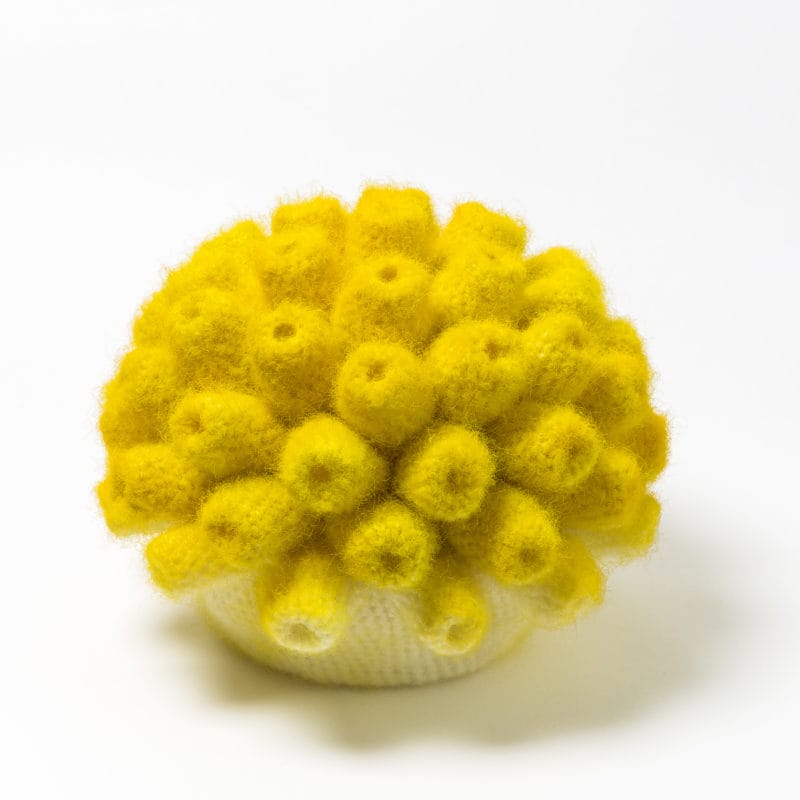 “RGB Tempers”, 2013, mohair, polystyrene and spray paint. Yellow:28 cm. 35 cm in diameter, copyright Hanne G.