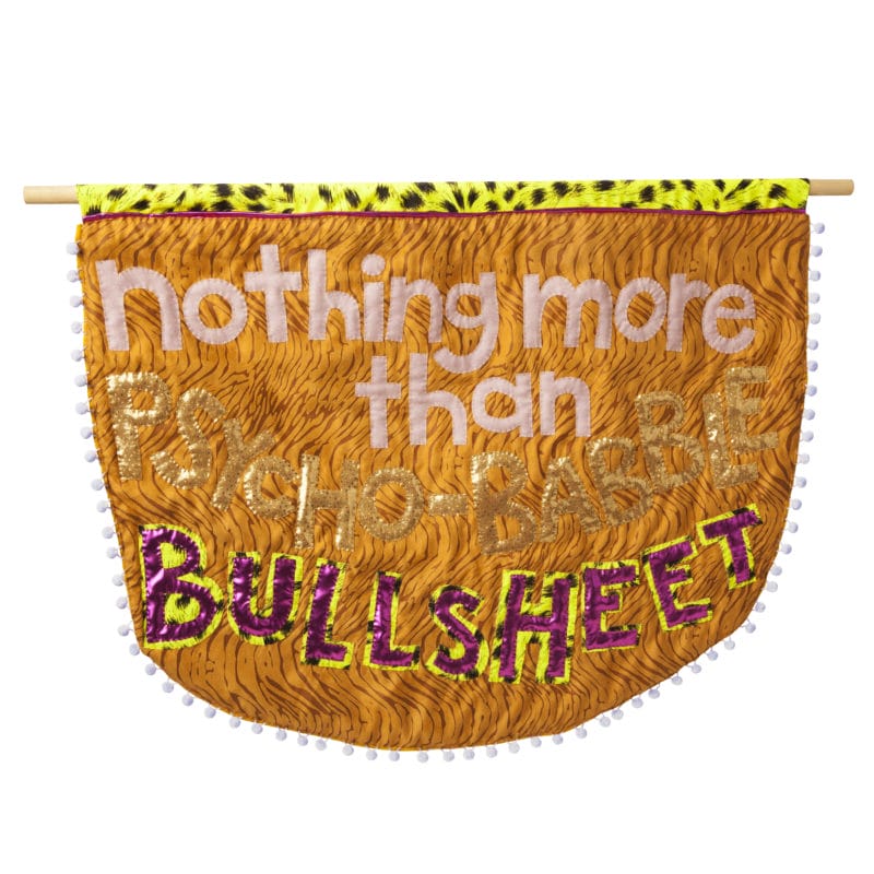 “Bullsheet”Alt Caps Series, fabric, polyfill, cotton batting & pom-poms, 25 x 32 inches, 2017, copyright Natalie Baxter