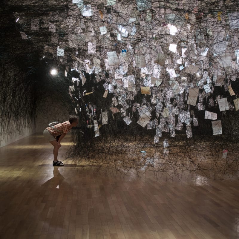 “Letters of the Thanks”, 2013, Installation: thank-you letters, black wool, The Museum of Art, Kochi, Japan,, Photo by Sunhi Mang, © SIAE, Rome, 2020 and the artist