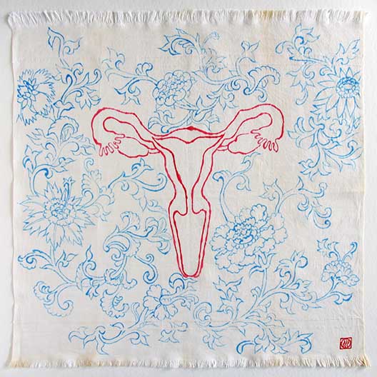 Silvia Stucky, “Lacrime delle cose”, 2018, pannolino, colori per stoffa, 59x59 cm
