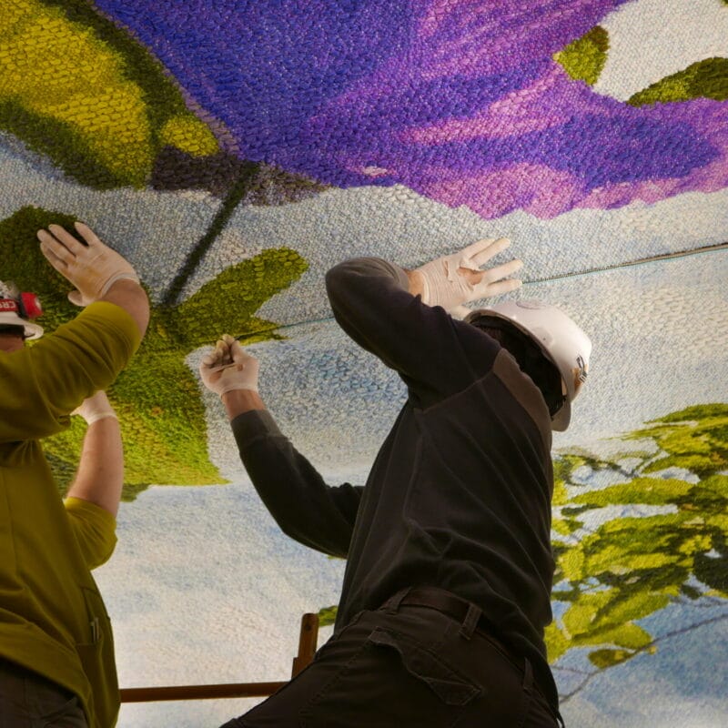Ceiling tapestry installation zipper, photo Mae Colburn, copyright Helena Hernamarck