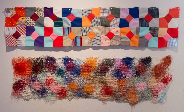 “Forms of Collection: of layering”, found leisure suit quilt squares and string painting, 39" x 5', 2014, copyright Catherine Reinhart