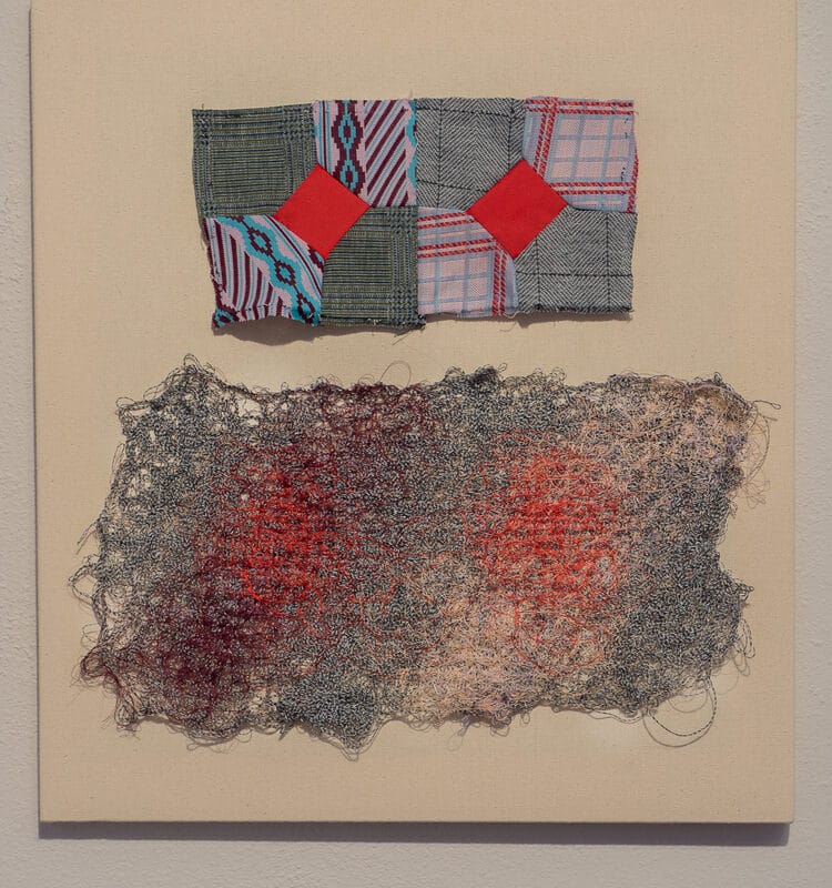 “Sketch V”, found leisure suit quilt blocks and string painting, 22" x 20", 2014, copyright Catherine Reinhart