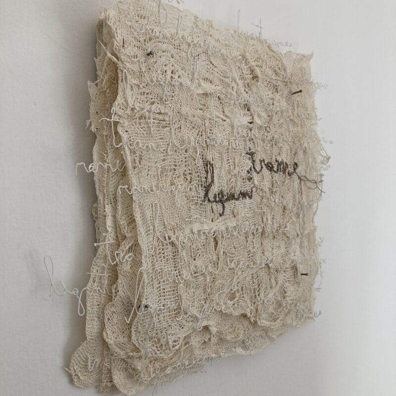 Davide Viggiano “TRA ME” libro oggetto, legno, garze, filamento 3D PLA, fili di cotone, cm 34x33x5, 2020 (2)