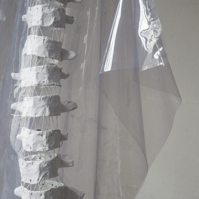 Davide Viggiano “Ventuno” dettaglio, rete metallica, carta, intonaco, pvc, cotone, cm 100x200x80,2018, collezione privata