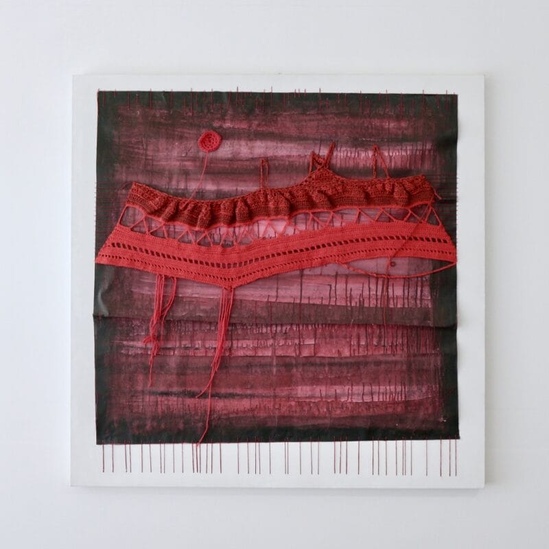 “Pensiero paesaggio - in rosso” Inchiostro, acrilico, carta, cotone su tela- 100x100 cm - 2012 - Copyright Camilla Marinoni, courtesy Zerial Art Project