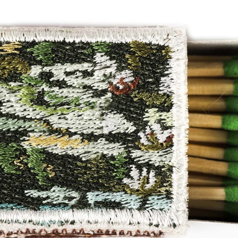 Baiba Osite (Latvia), Water lilies, embroidery / matches boxes, silk thread, 20 x 20 x 3 cm, photo: Leszek Żurek, detail, Work from the 11th Baltic Mini Textile Gdynia 2019; Gdynia City Museum Prize