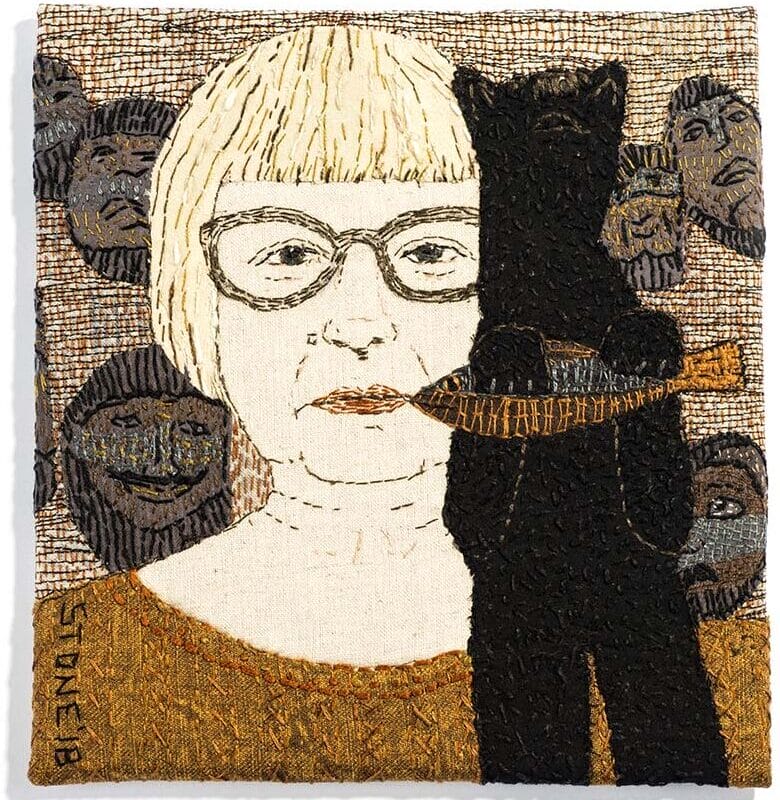 Sue Stone (UK), Self Portrait with Bear and Masks, hand and machine stitch with appliqué / linen, cotton threads on linen and cotton fabrics, 18.5 x 19.5 x 1 cm, photo: Leszek Żurek, Work from the 11th Baltic Mini Textile Gdynia 2019; distinction