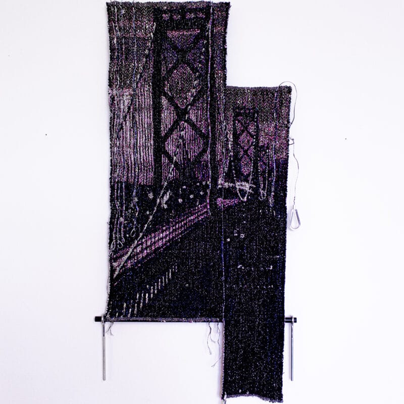 “Bridge”, 2019, digital-hand loomed cotton, metallic thread, wire, found metal rod and hardware, 42" x 24" x 3". Image courtesy of the artist, copyright Kira Dominguez Hultgren