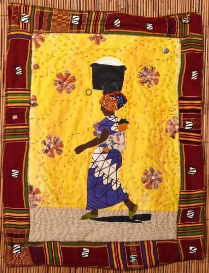 Kianga Jinaki (b. 1958)
A Day in the Life of an African Woman, 2019
Vintage Kente cloth, African fabric, ostrich shell beads, Krobo beads, bone beads, hand-dyed cotton fabric
On loan courtesy of the artist