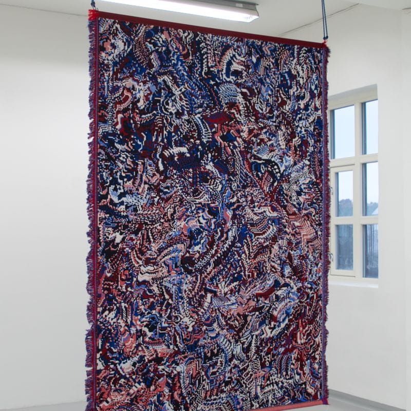 Nobody eats orange under a full moon. Blue fruits are fine. Digital painting. Jacquard woven piece (two-sided), wool. Installation: Bungee cords. Size: 230x166. Year of production: 2020. Photo credit: Søren Krag