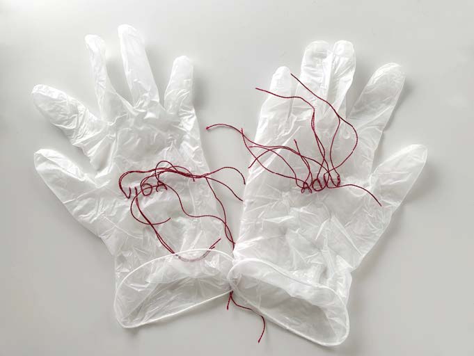 “Vida 2020” Mixed technique. Plastic gloves and embroidery 23x 15cm
