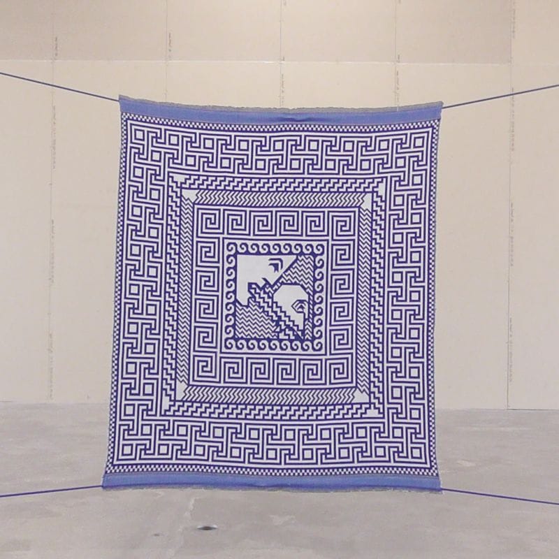 Pallas Athena speaks winged word to Diomedes (ILLIAD V). Digital painting. Jacquard handwoven piece (two-sided), wool. Installation: Bungee cords. Size: 105x110 cm. Year of production: 2018. Photo credit: Søren Krag