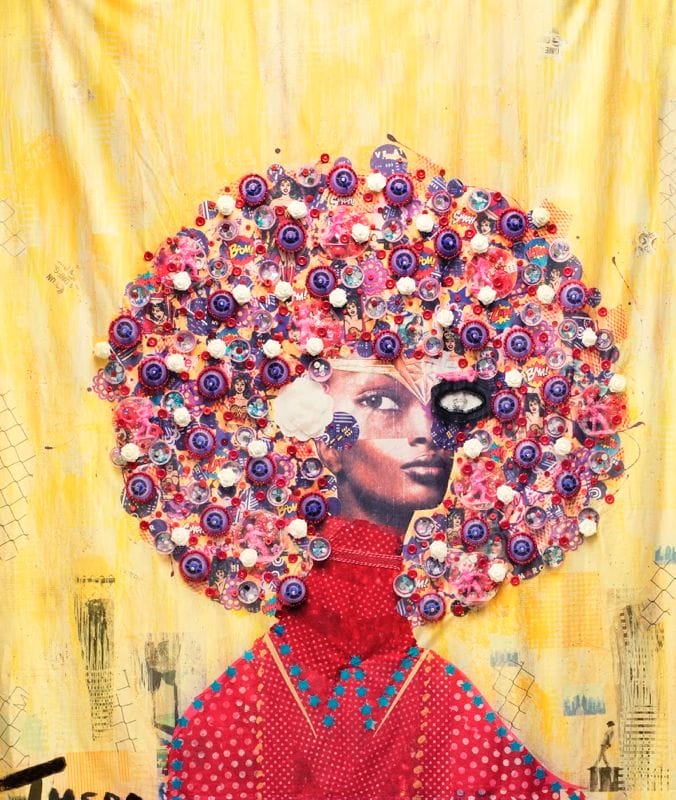 Theda Sandiford (b. 1970) - Wonder Women, 2018 - Rayon fabric print with embroidery thread, trim, buttons, plastic pony beads, mirrors, crystals, jewelry, and recycled baby food bottle caps - On loan courtesy of the artist