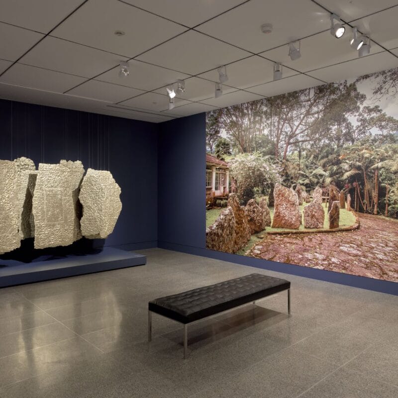 Installation view of “Olga de Amaral: To Weave a Rock”