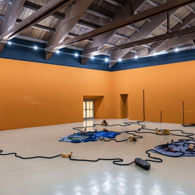 2. Installation view of the exhibition Otobong Nkanga. Of Cords Curling around Mountains