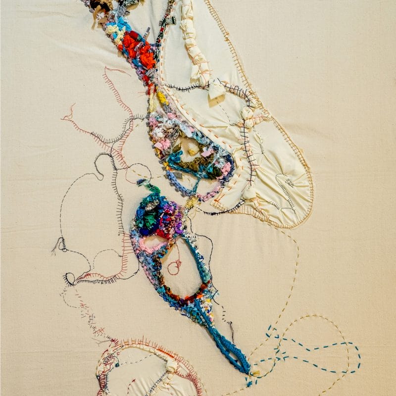 “Sincere”, 2021, Embroidery and found fabric on canvas, 145 x 91cm, copyright Shamilla Aasha