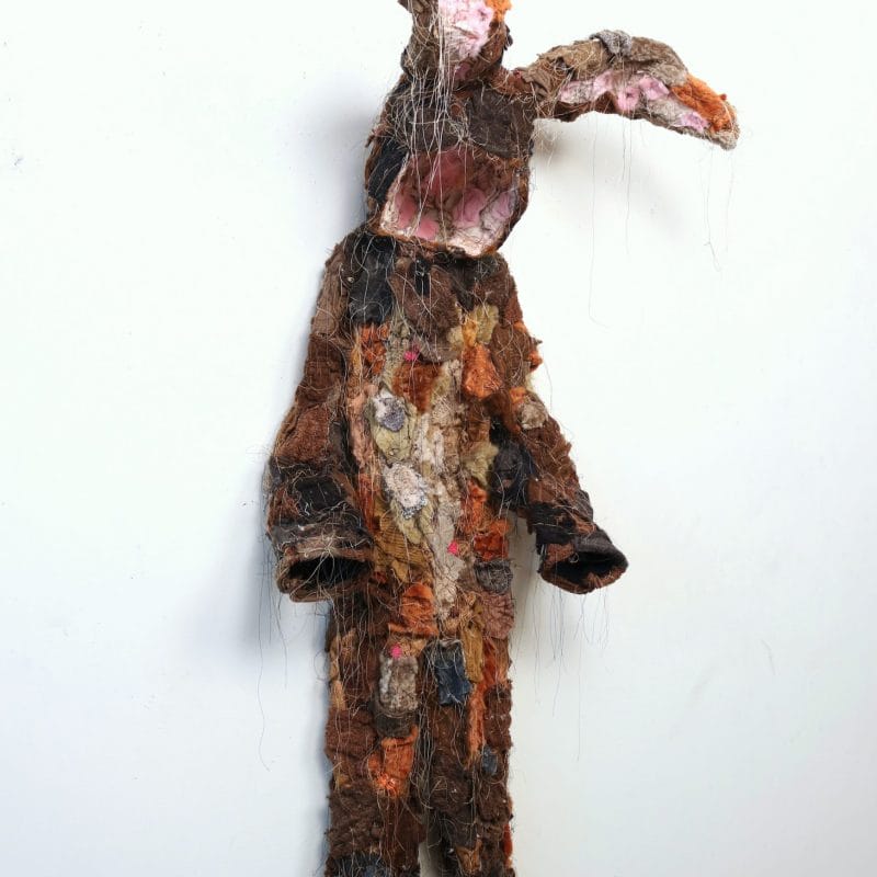 Orphan Suit #4, Fabric, thread, glue and wire 53" x 20" x 13"2020. Photo courtesy of Walter Maciel Gallery