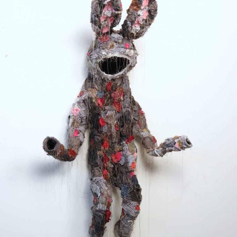 Orphan Suit 8. Fabric, thread, glue, and wire. 51” x 27” x 10” 2020