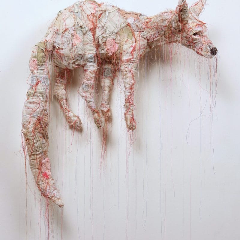 Fox. Fabric, thread, wire, glue, and mixed media 28 x 26 x 13. 2021. Photo courtesy of Walter Maciel Gallery