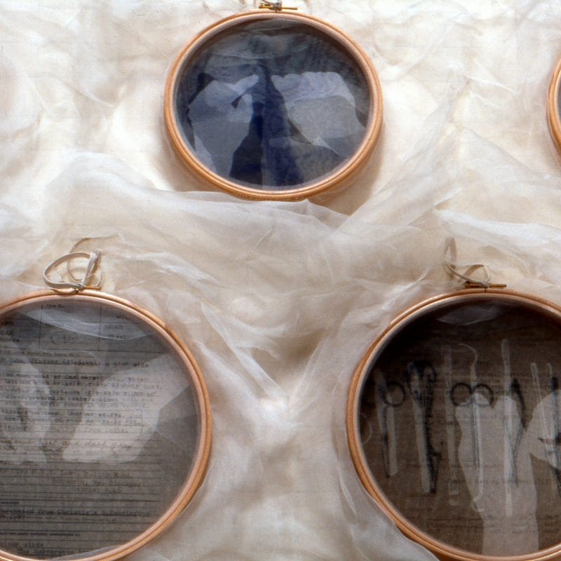 "Conversation Pieces-detail", 2003, Wooden embroidery hoops, silk crepeline, wool, linen tape, printed, stitched, 272cm x 74cm x 5cm, ph. cr. G10, Collection of the Whitworth Art Gallery, copyright Caterine Bartlett