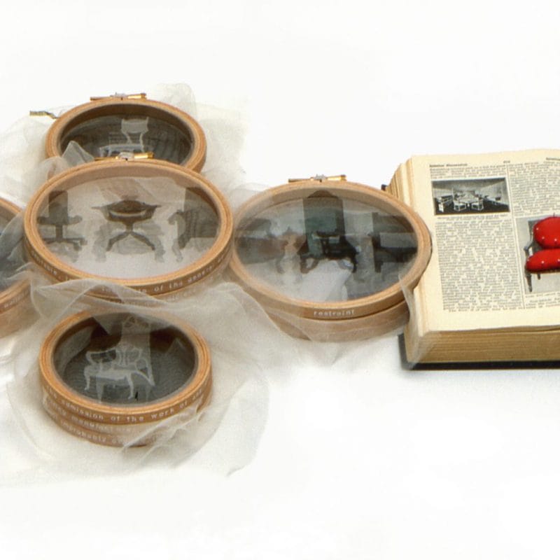 “Bodies of Knowledge Volume 5; Arbiters of Taste”, 2002, 1934 Encyclopaedia, printed silk crepeline, pins, embroidery hoops, 5cm x 84cm x 34 cm, ph. cr. Michael Wicks, in the collection of Victoria and Albert Museum, copyright Caroline Bartlett