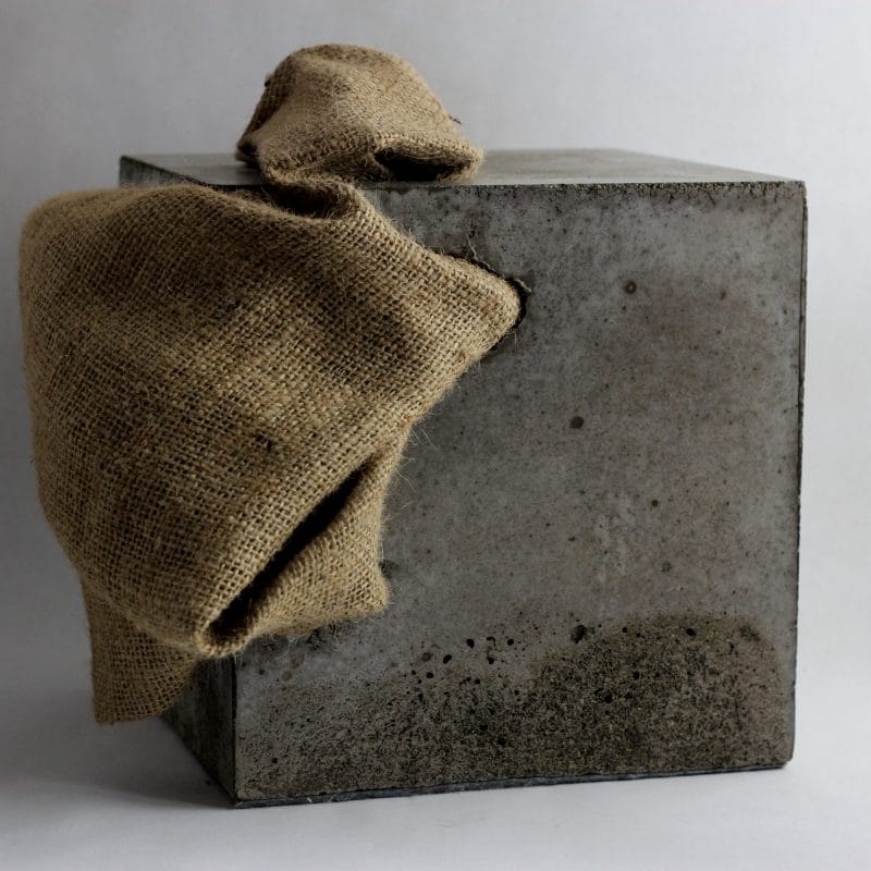 Sample Cube#8, cement and jute canvas, approx. 25x24x25 cm, 2020. Ph. credit Carole Peia