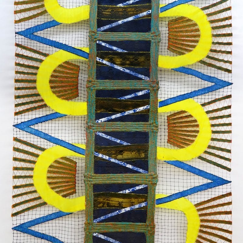 “Broken Clock (Twice A Day)”, 2016, Lino, tela, lana, seta, tintura per tessuto, pittura ad olio, 97 x 73 pollici, copyright Julia Bland