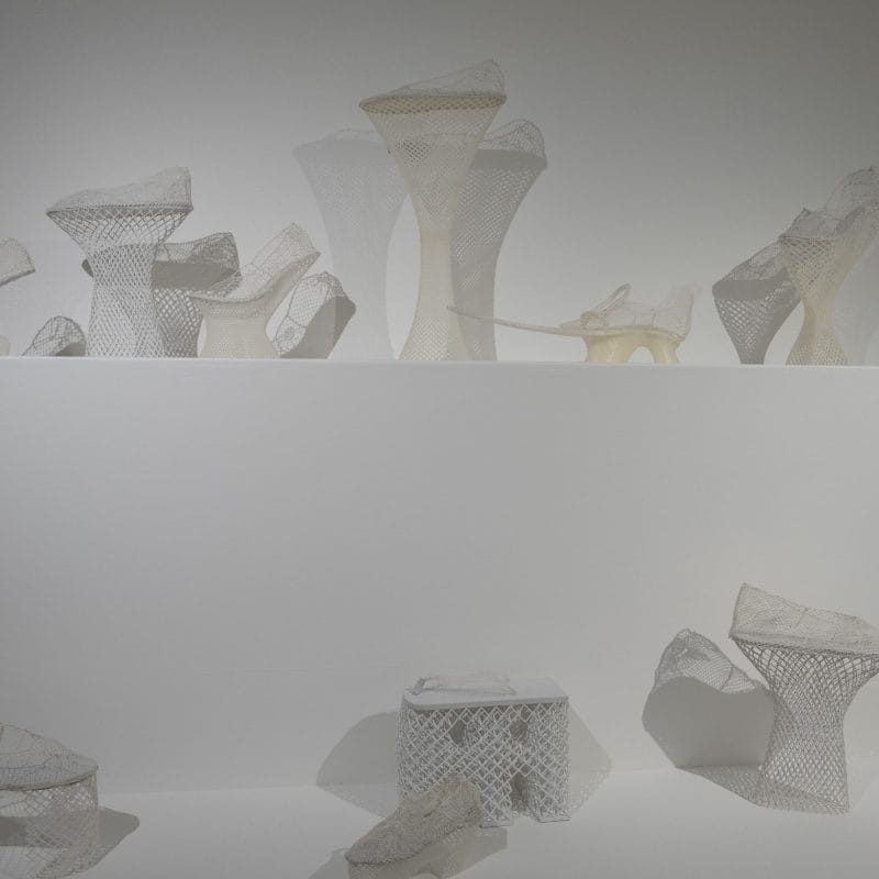 Photographer Christophe Bascoul. Aux marches du Palais Prototypes de Chaussures
set of shoes of  different sizes, cotton, buffalo, Poinct de tulle, PLA, 3D printing, 2019-2020