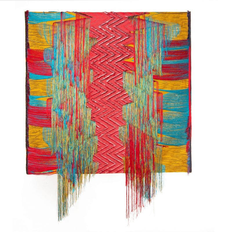 Heartbeat, 72 x 60 x 2 inches, 2020, silk, linen, polyester, wood