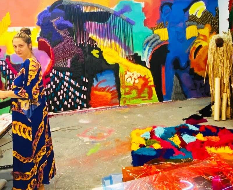 Maro Fasouli. Untitled,  work in progress, 2020, 700x300 cm. cloth, spray, pastel, thread